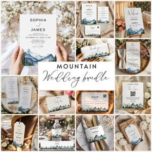 May include: A collection of wedding stationery with a mountain theme. Includes invitations, menus, place cards, and signage. The designs feature watercolor mountain illustrations in shades of blue and green, with the names "Sophia" and "James" prominently displayed.