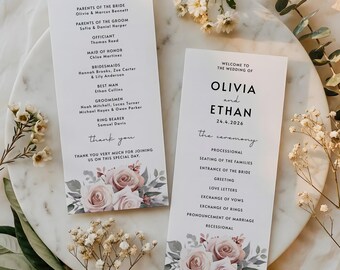 Dusty Rose Wedding Program Canva Template Dusty Rose Wedding Day Timeline Romantic Wedding Program Template Floral Printable Wedding Program