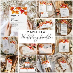 May include: A collection of wedding stationery featuring a maple leaf design. The bundle includes invitations, RSVP cards, menus, place cards, and tags. The text includes the names "Olivia and Ethan" and "Thank you."