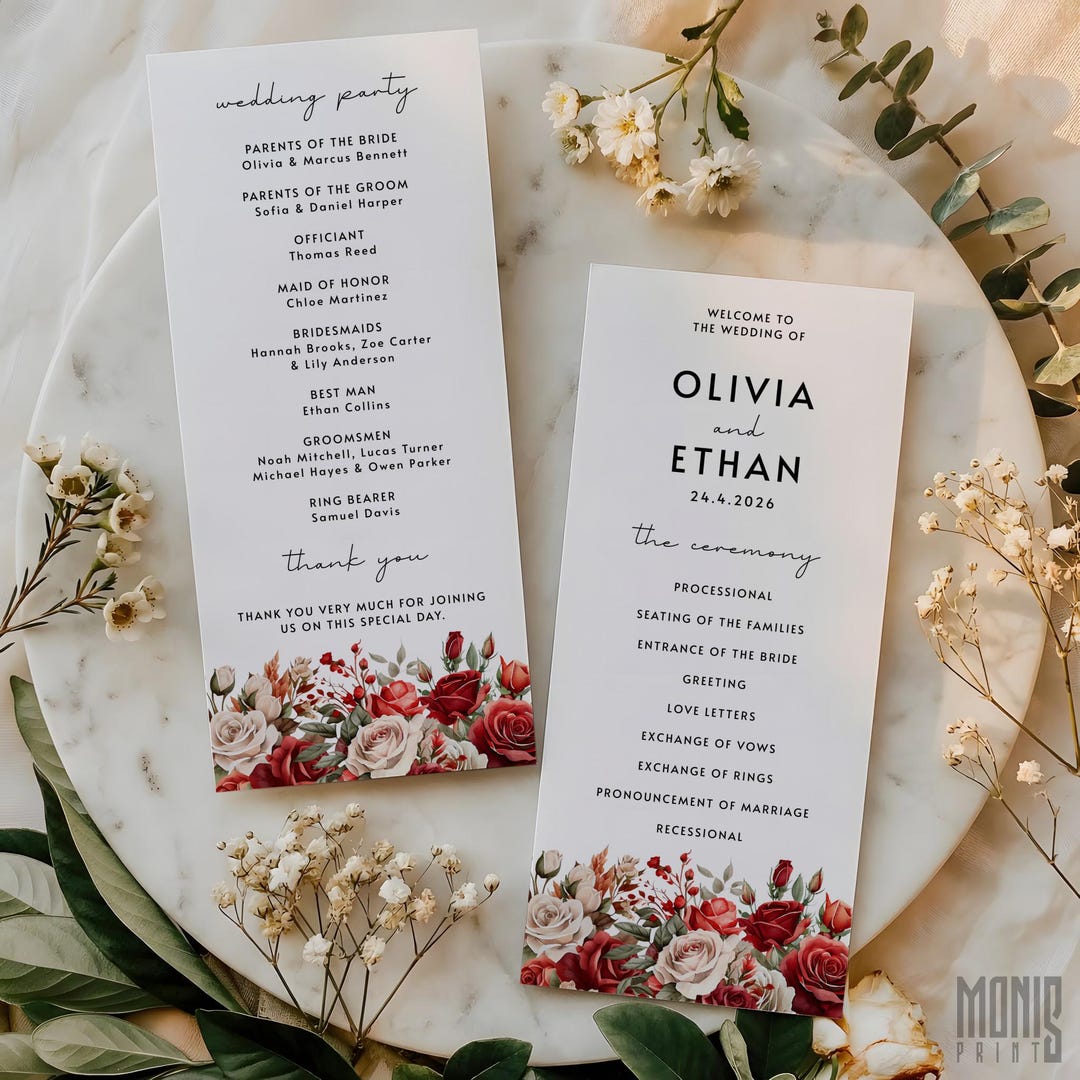 Red Roses Wedding Program Canva Template, Rose Wedding Day Timeline ...