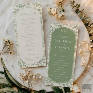 Puede incluir: Dos programas de boda con un diseño floral en verde y blanco. Los programas incluyen los detalles de la fiesta de bodas y el programa de la ceremonia. El texto de los programas dice "Wedding party" y "Bienvenida a la boda de Madison y Connor."