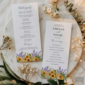 May include: Two wedding ceremony programs with floral borders. The programs list the wedding party and ceremony details. The bottom of each program is decorated with sunflowers and lavender. The wedding is for Amelia and Noah, dated 29.11.2026.
