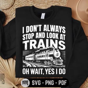 Puede incluir: Sudadera negra con un gráfico blanco de un tren y el texto "No siempre me detengo a mirar los trenes. Oh, espera, sí lo hago."