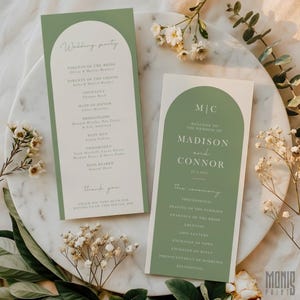 May include: Two wedding programs with a sage green arch design. The programs list the wedding party, ceremony details, and the names of the bride and groom, Madison and Connor. Floral accents surround the programs.