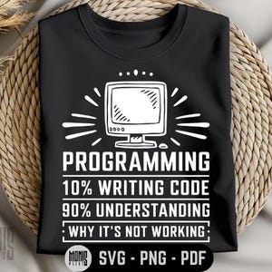 May include: Black t-shirt with a white computer monitor graphic and the text "PROGRAMMING 10% WRITING CODE 90% UNDERSTANDING WHY IT'S NOT WORKING".