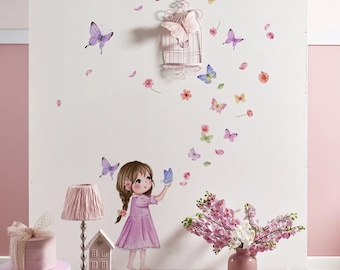 Easily Removal! Girls Flower and Butterfly wall Stickers /  For bedrooms, playrooms and nurseries /  Room Decal Wall Sticker Art Decor