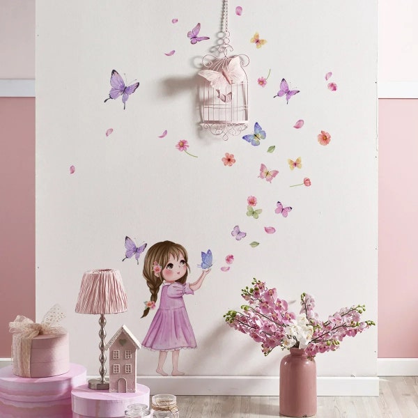 Enlèvement facile ! Stickers muraux fleurs et papillons filles / Pour la chambre à coucher, la salle de jeux et la chambre d'enfant / Sticker mural art déco