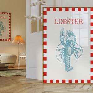 Blue Retro Lobster Print Sea Life Illustration Ocean Seafood Art Gallery Wall Kitchen Poster Dining Room Trendy