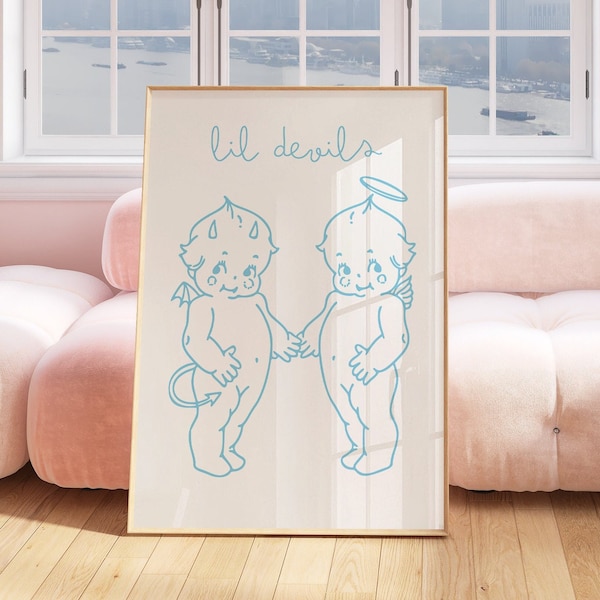 Lil Devils Blue Kewpie Wall Art, lindo ángel y diablo arte, decoración de impresión vintage, decoración retro arte de dibujos animados descarga digital