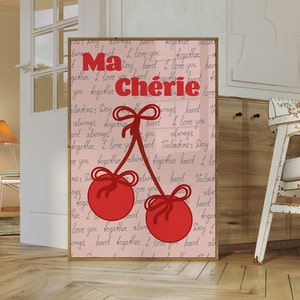 Ma Cherie carta de amor Coquette Wall Art, Preppy Wall Art Mano ilustrada vintage lazo rojo, coqueta Decoración de la habitación descarga instantánea