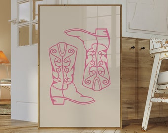 Stampa stivali da cowgirl costieri Arte minimalista della parete del sud Girly Pink Poster Vintage Western Cowgirl Art Cute Apartment Print
