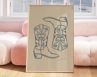Stampa stivali da cowboy blu Arte minimalista della parete del sud Poster blu per ragazze Arte vintage da cowgirl occidentale Stampa appartamento carino