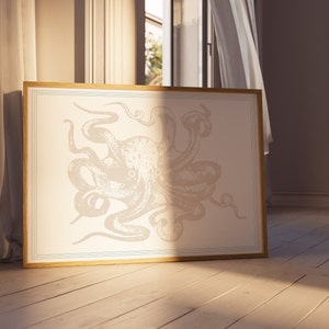 Beige Octopus Print - Coastal Home Decor Octopus wall art Octopus poster Bathroom decor dorm Bathroom wall art Beach House Deco