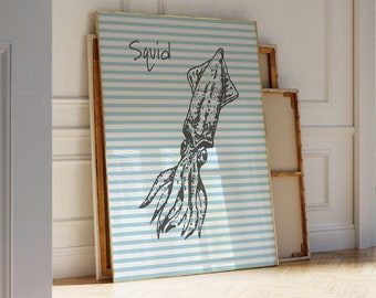 Blue Retro Squid Print Sea Life Illustration Ocean Seafood Art Gallery Wall Kitchen Poster Dining Room Trendy