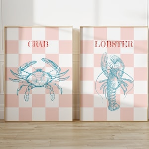 Set 2 impresiones Cangrejo azul y langosta impresión Sea Life Ocean Seafood Art Gallery Wall Kitchen Poster Comedor impresión de comida Arte rosa y azul