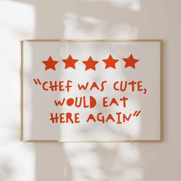 Recensie Chef-kok was schattig, zou hier weer eten Afdrukken Positieve poster Rood Retro-stijl Muurkunst Handgetekende typografie Trendy Horizontaal Digitaal