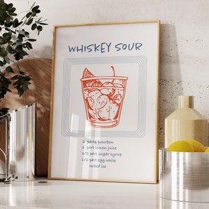 Whiskey Sour Cocktail Prints, Minimalist Alcohol Prints, Bar Cart Prints, Classic Cocktail Wall Art, Retro Wall Art, Minimalist Wall Art