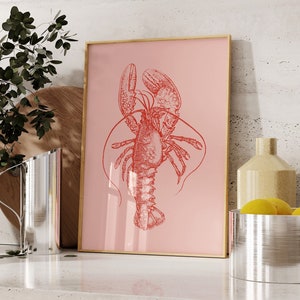 Red Pink Lobster Print Sea Life Illustration Ocean Seafood Art Gallery Wall Kitchen Poster Dining Room Trendy