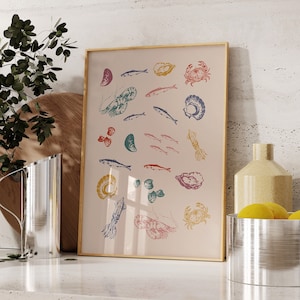 SeaFood Print Sea Life Ilustración Ocean Seafood Art Gallery Pared Cocina Cartel Comedor Moda Vintage Food Print Retro Food Art