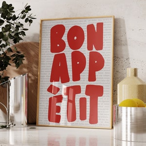 Bon Appetit  Red Poster, Typography Print, French Quote Wall Art, Background Paper Kitchen Wall Art, Maximalist Kitchen Print, Instant Print