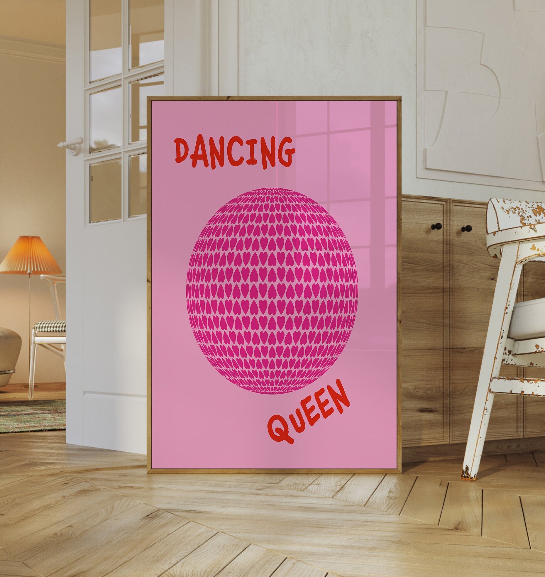 Dancing Queen Disco Ball Heart Coquette Wall Art, Preppy Wall Art Hand ...