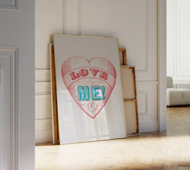 Love Me Wall Art Maximalist Poster Tattoo Heart Red Modern Eclectic