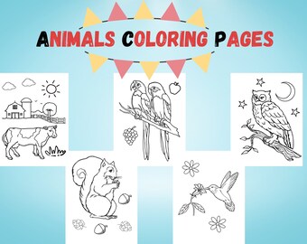 Cute and funny animals coloring pages, 20 pages for kids 4 to 7 years of age.
