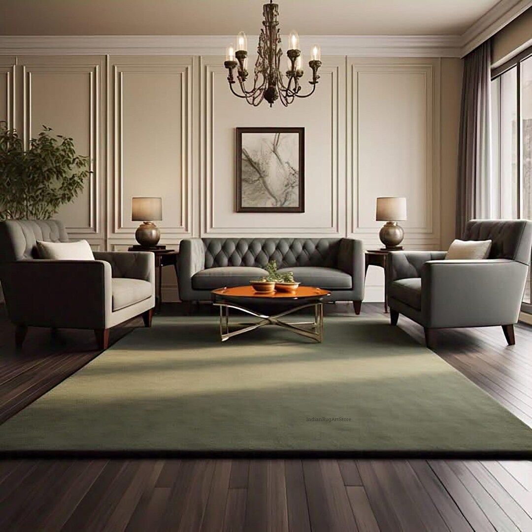 Olive Green Solid Color Handmade Tufted Wool Area Rug for Living Room ...