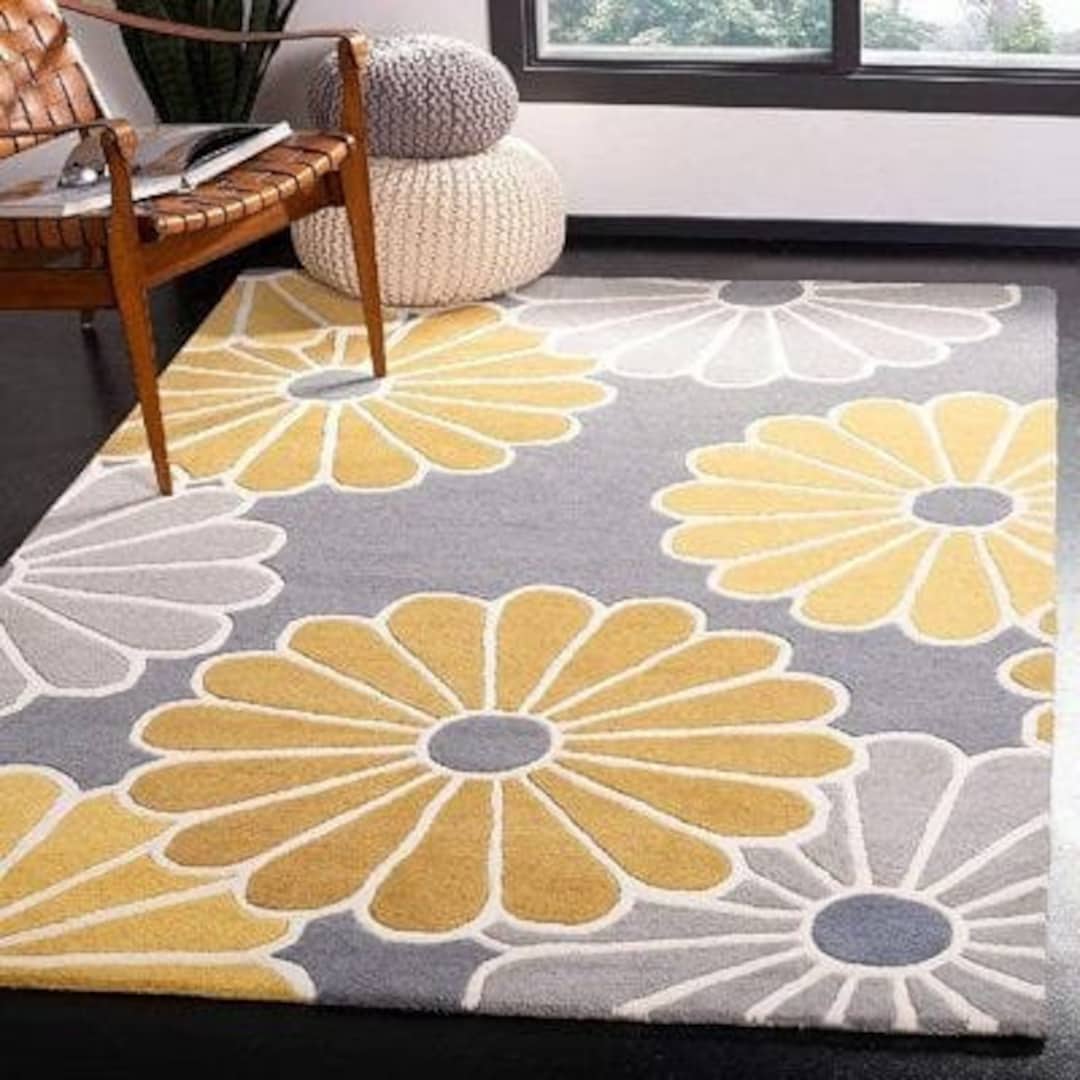 Handmade Tufted Dark Grey and Mustard Yellow Wool Rug Area Rug 100
