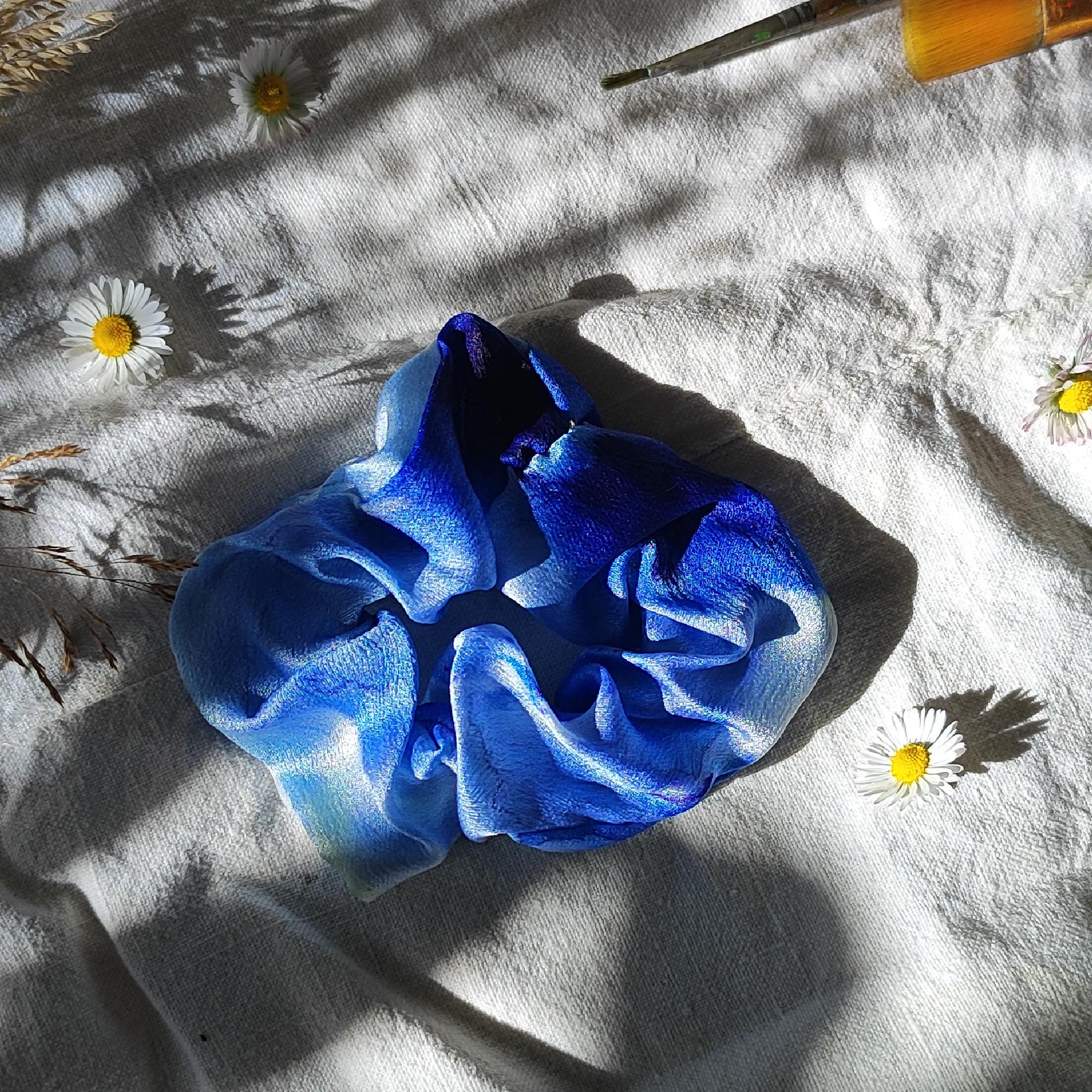 Silk scrunchie, hand-painted silk, hair accessory, women's hair elastic, silk bracelet, gift for her, Klein blue, bright blue