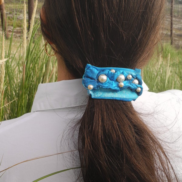 Barrette Pince à Cheveux Nœud Papillon - Tissu Vert Bleu, Grand Modèle, Neuf Sans étiquettes