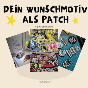 Peut inclure: Un collage de patchs brodés présentant divers motifs colorés, incluant des crânes, des logos et du texte. L'image montre une machine à coudre brodant un motif de flammes, une collection de patchs assortis et des patchs sur un tapis vert.