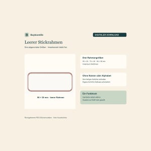 Puede incluir: Un producto de descarga digital para un marco de bordado vacío con esquinas redondeadas. El texto incluye 'BuyboomDe', 'Leerer Stickrahmen' y dimensiones de 50x23mm, 70x30mm y 90x38mm. La imagen muestra un marco de 90x38mm.