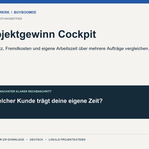 Könnte beinhalten: Ein digitales Dokument mit dem Titel Objektgewinn Cockpit von MATESWERK / BUYBOOMDE. Der Text enthält Dienstleistungsbetrieb, Umsatz, Fremdkosten und eigene Arbeitszeit über mehrere Aufträge vergleichen sowie die Frage Welcher Kunde trägt deine eigene Zeit?