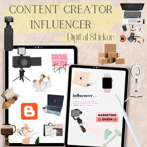 May include: Digital sticker with the text "CONTENT CREATOR INFLUENCER". The image features illustrations of a camera, laptop, coffee, shopping bags, and a person with a face mask. The words "SOCIAL MEDIA Expert" are also visible.