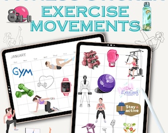 Könnte beinhalten: Digitale Illustration mit Fitness-Stickern. Das Bild enthält den Text "Fitness Sticker Exercise Movements". Die Sticker zeigen verschiedene Trainingsgeräte und -aktivitäten, wie Hanteln, ein Laufband und ein stationäres Fahrrad. Eine Digitaluhr ist ebenfalls abgebildet.