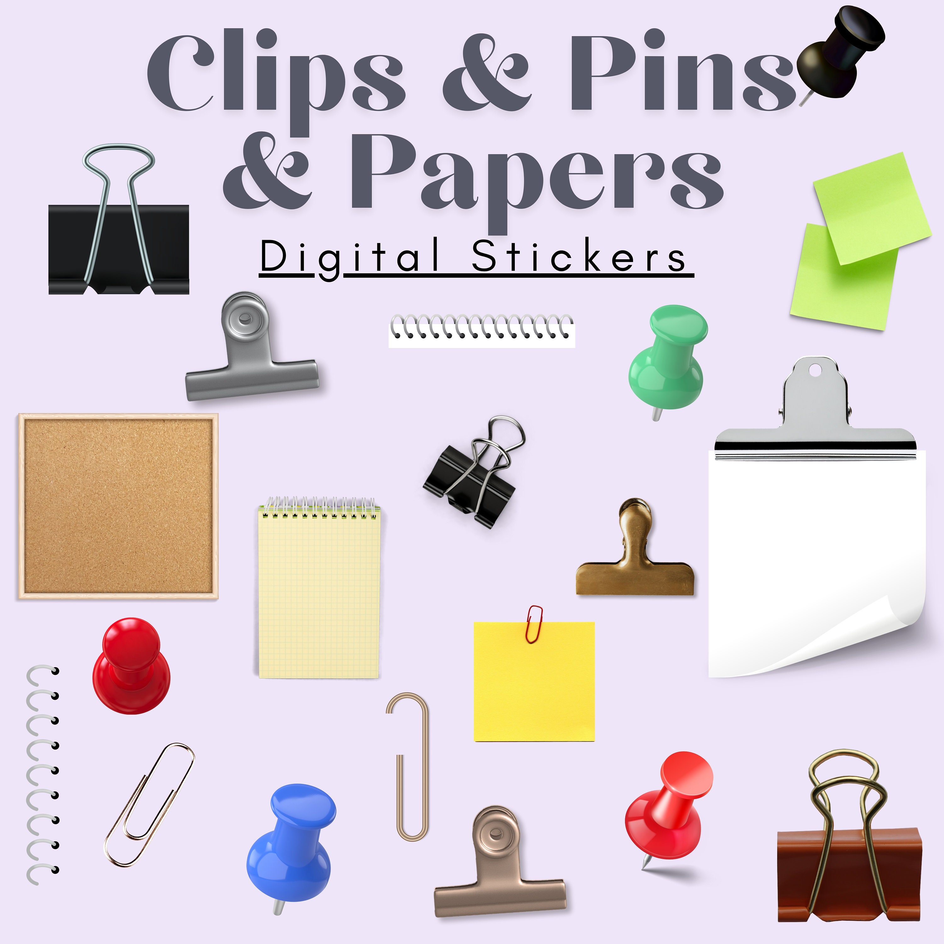 Clips - Pins - Papers Digital Stickers  Realistic Transparent PNG Digital Planner GoodNotes Pins Sticker Individual PNG