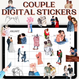 May include: A digital sticker sheet with watercolour illustrations of couples in romantic poses. The title "COUPLE DIGITAL STICKERS" is at the top. The calendar-themed design includes images of hugging, kissing, and holding hands.