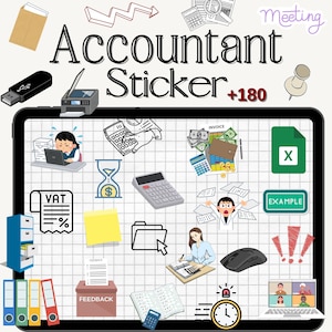 May include: A digital illustration with the text "Accountant Sticker +180" and various icons related to accounting. The image includes icons of calculators, money, a laptop, a clock, and a file cabinet. The background is a grid pattern.