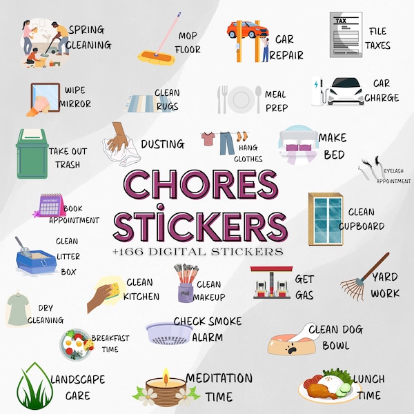 Chores Digital Stickers 166+ Household Chore Cleaning Digital Planner Stickers Daily Planner To-Do Icons PNG Digital Stickers iPad Stickers