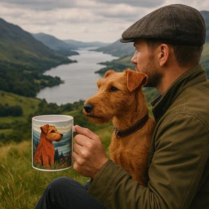 Può includere: Una tazza in ceramica bianca con un'illustrazione di un cane marrone. La tazza è tenuta da una persona che indossa una giacca verde e un berretto marrone. Il cane guarda a destra. La persona sta guardando un lago in lontananza.