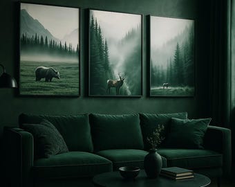 Set di stampe murali stampabili Misty Forest - 5 stampe digitali della natura / Decorazione con paesaggio verde nebbioso / Download immediato