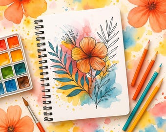Kwiatowy Akwarela Spiral Notebook – Line Art Botanical Journal, Liniatura Writing Pad, Prezent dla Pisarzy i Artystów