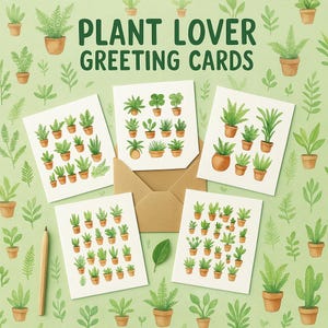 Cartes de voeux pour amoureux des plantes – Paquet de 5 cartes de correspondance à l'aquarelle avec collage de fougères | Ensemble de papeterie botanique pour toutes les occasions