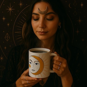 Caneca Boho com rosto de sol e lua | Xícara de café celestial | Presente místico de cerâmica Boho para ela ou para ele
