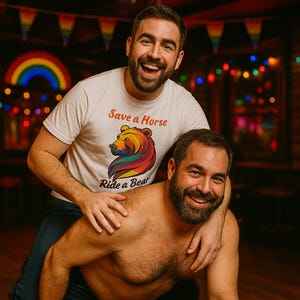 Gay Bear &quot;Save a Horse Ride a Bear&quot; T-Shirt, Bear Pride, LGBTQ Pride Apparel, Funny Bear Shirt, Gift for Gay Men, Scruff Shirt, Gay Pride