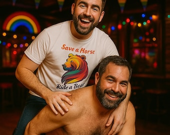 Gay Bear "Rettet ein Pferd, reitet einen Bären" T-Shirt, Bärenstolz, LGBTQ Pride Bekleidung, lustiges Bären Shirt, Geschenk für schwule Männer, Scruff Shirt, Gay Pride