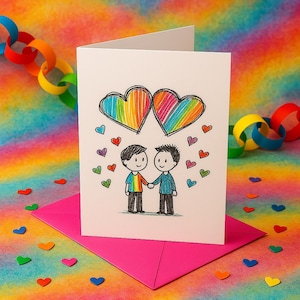 Gay Couple Anniversary Card – Cute LGBTQ+ Crayon-Style Greeting | Same-Sex Love or Birthday Card for Him