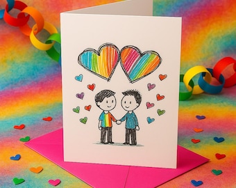 Biglietto di auguri per l'anniversario di una coppia gay - Illustrazione a pastello, auguri LGBTQ+