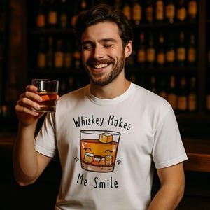 Unisex &quot;Whiskey Makes Me Smile&quot; T-Shirt, Cute Whiskey Glass Design, Funny Drinking Shirt, Gift for Whiskey Lovers
